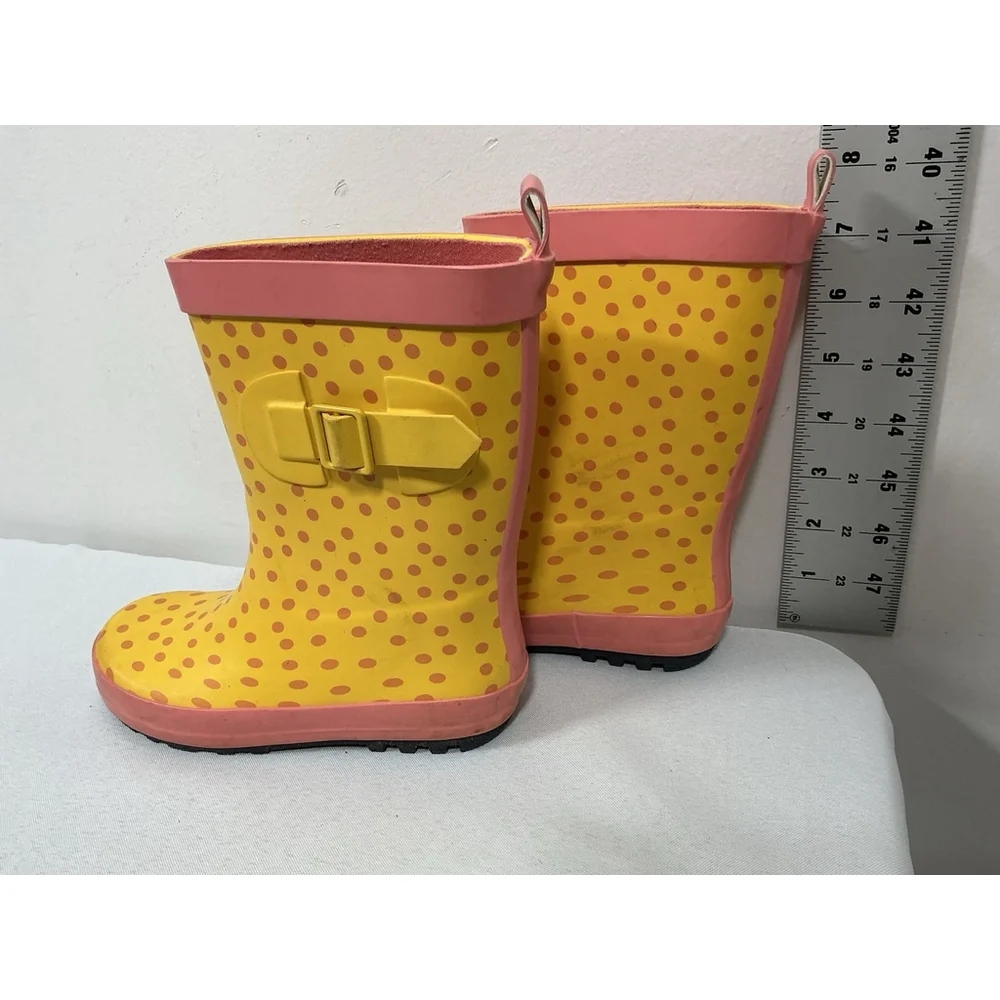 Girls Excellent Cond. Target Pull On Rain Boots Large 9-10 Yellow Pink Polka Dot
